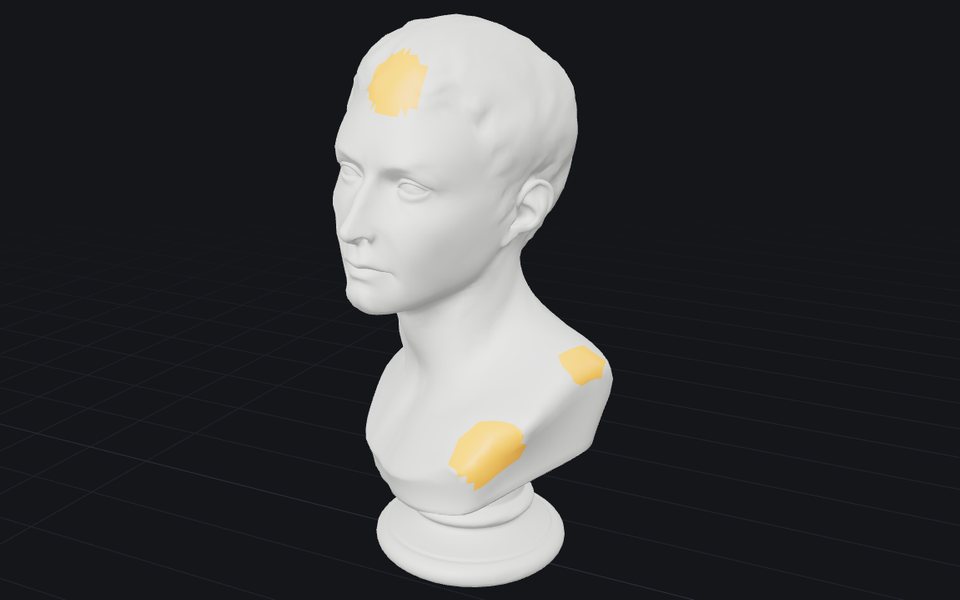 A scanned marble bust repaired, three patches shown in amber following the curve of the head and shoulder